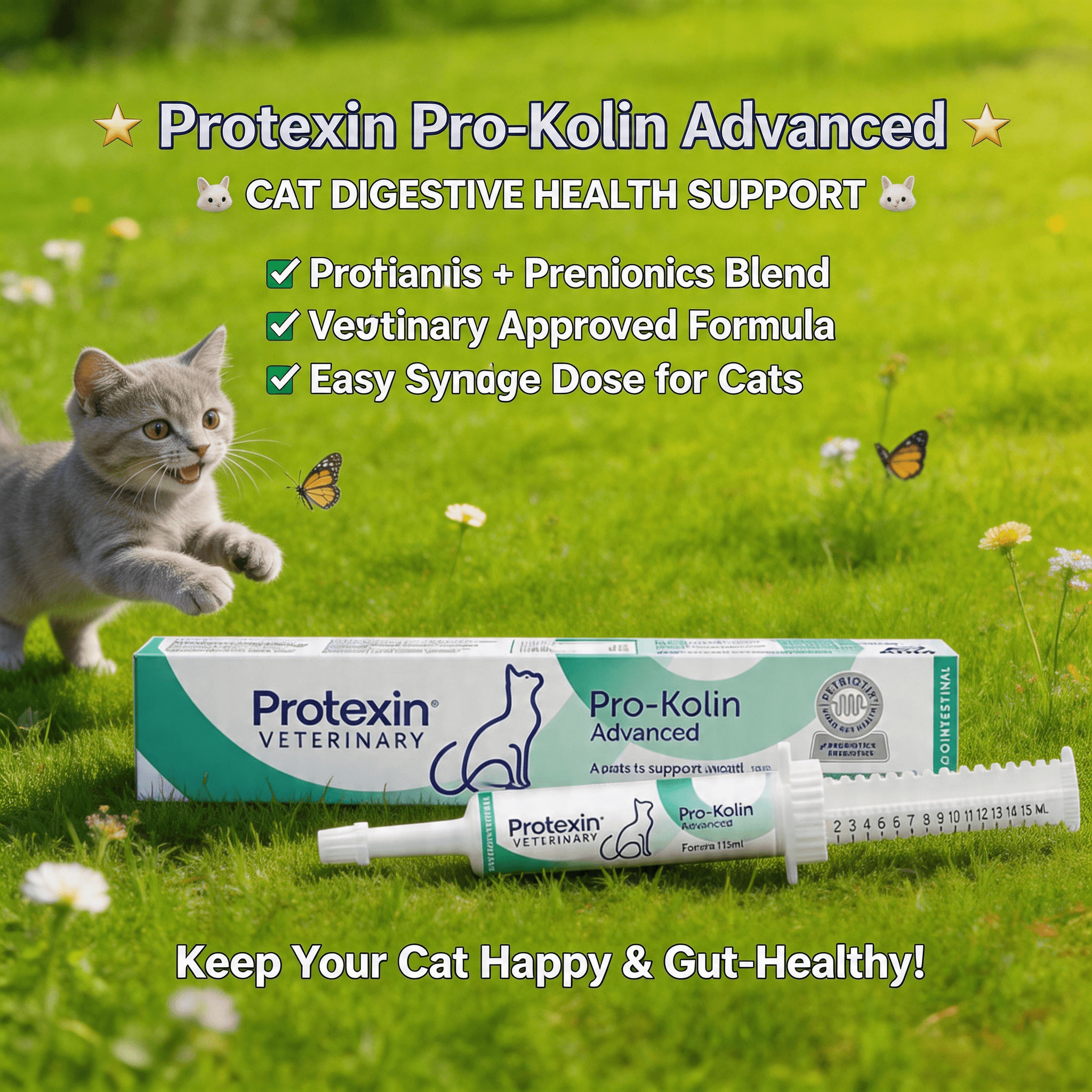 Protexin Pro-Kolin Advanced for cat digestive health, vet-approved formula with easy syringe dose on grass