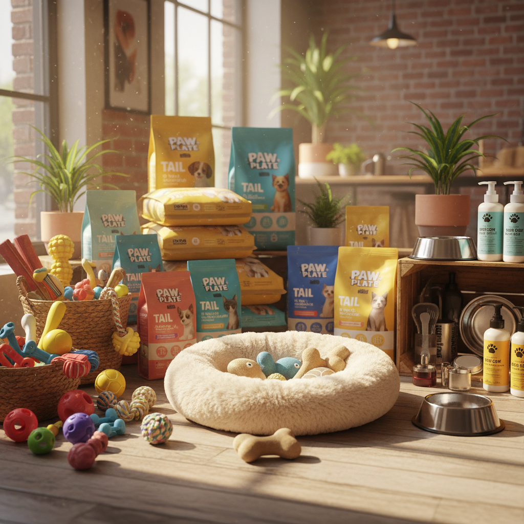 a bright, inviting display of various pet supplies including toys, food, and a bed