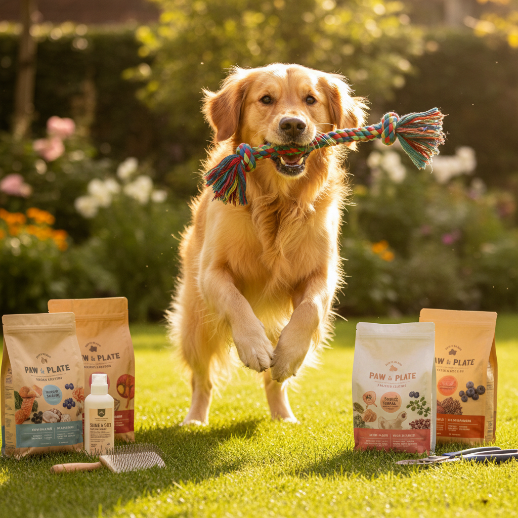 golden retriever playing with a rope toy on grass with pet supplies