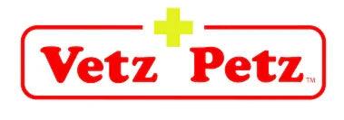 Vetz Petz logo with red text and green plus sign, brand for pet vitamins and supplements