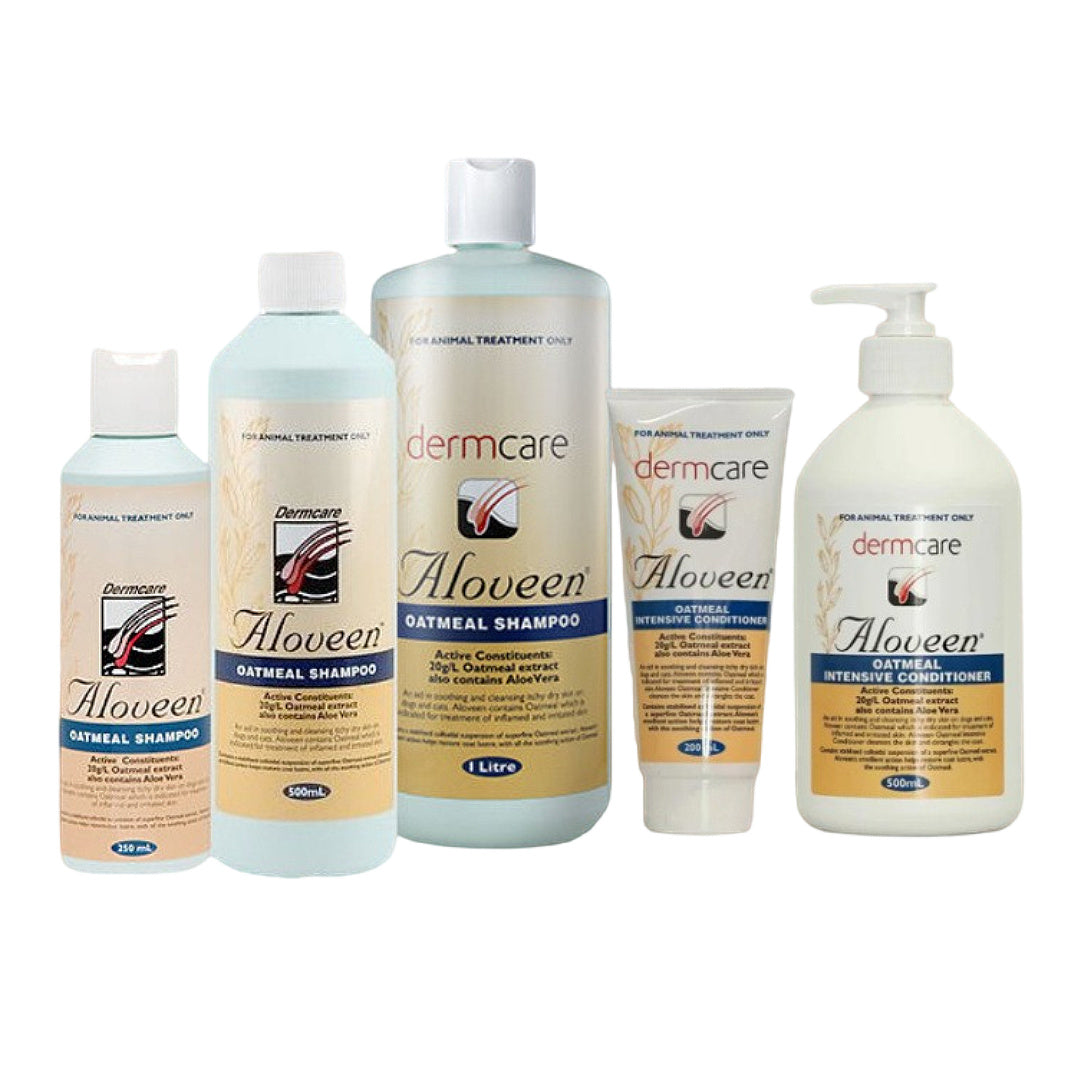 Dermcare Aloveen oatmeal shampoo and conditioner for dogs and cats, pet grooming essentials with aloe vera