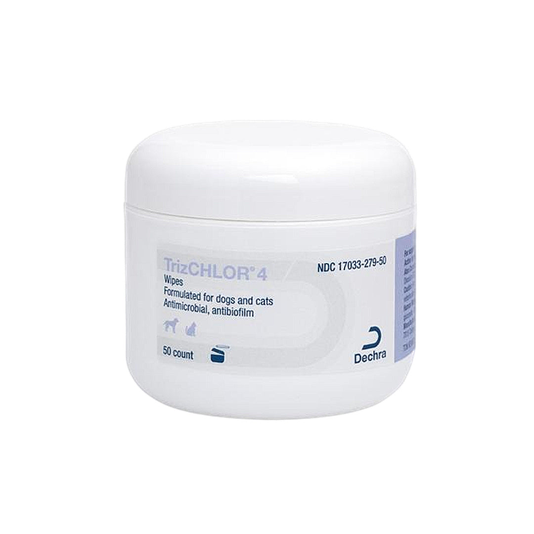 TrizCHLOR 4 Wipes for dogs and cats, antimicrobial pet grooming solution, 50-count container