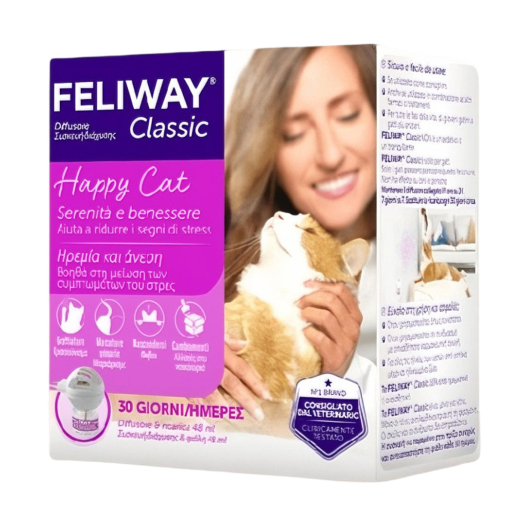 Feliway Classic cat calming diffuser for stress relief, 30-day supply with happy cat imagery