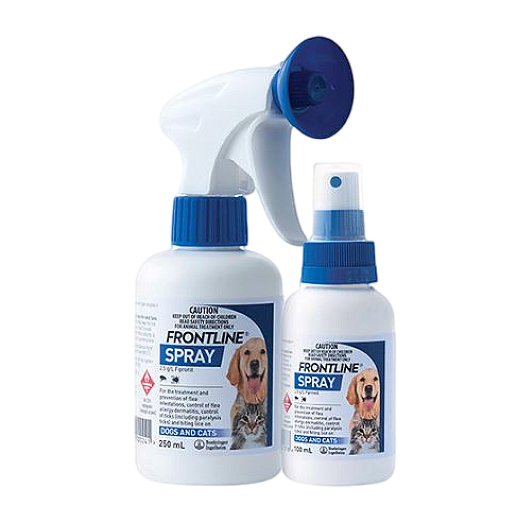 Frontline Spray for dogs and cats, flea and tick control treatment in 250mL and 100mL bottles