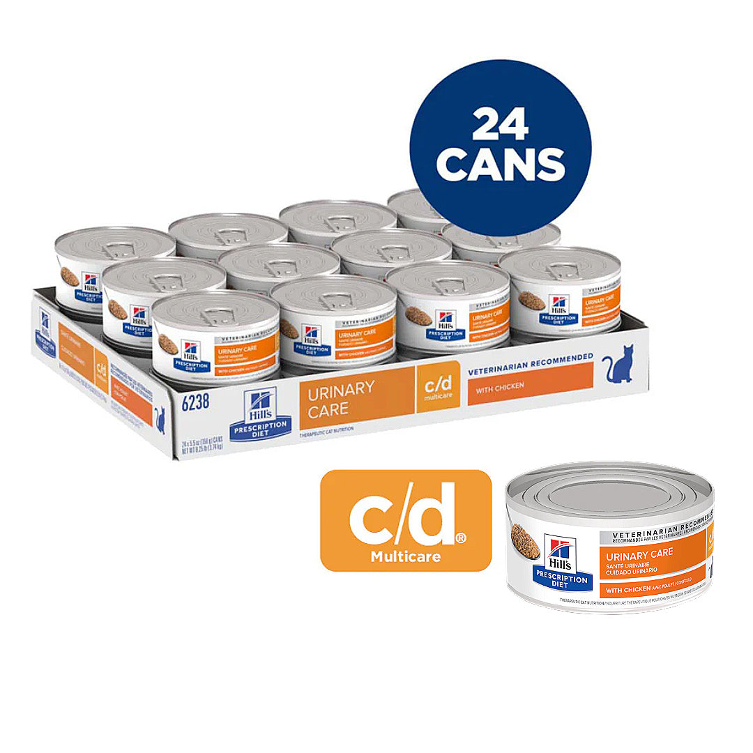 Hill's Prescription Diet c/d Multicare Urinary Care wet cat food, 24 cans with chicken, veterinarian recommended