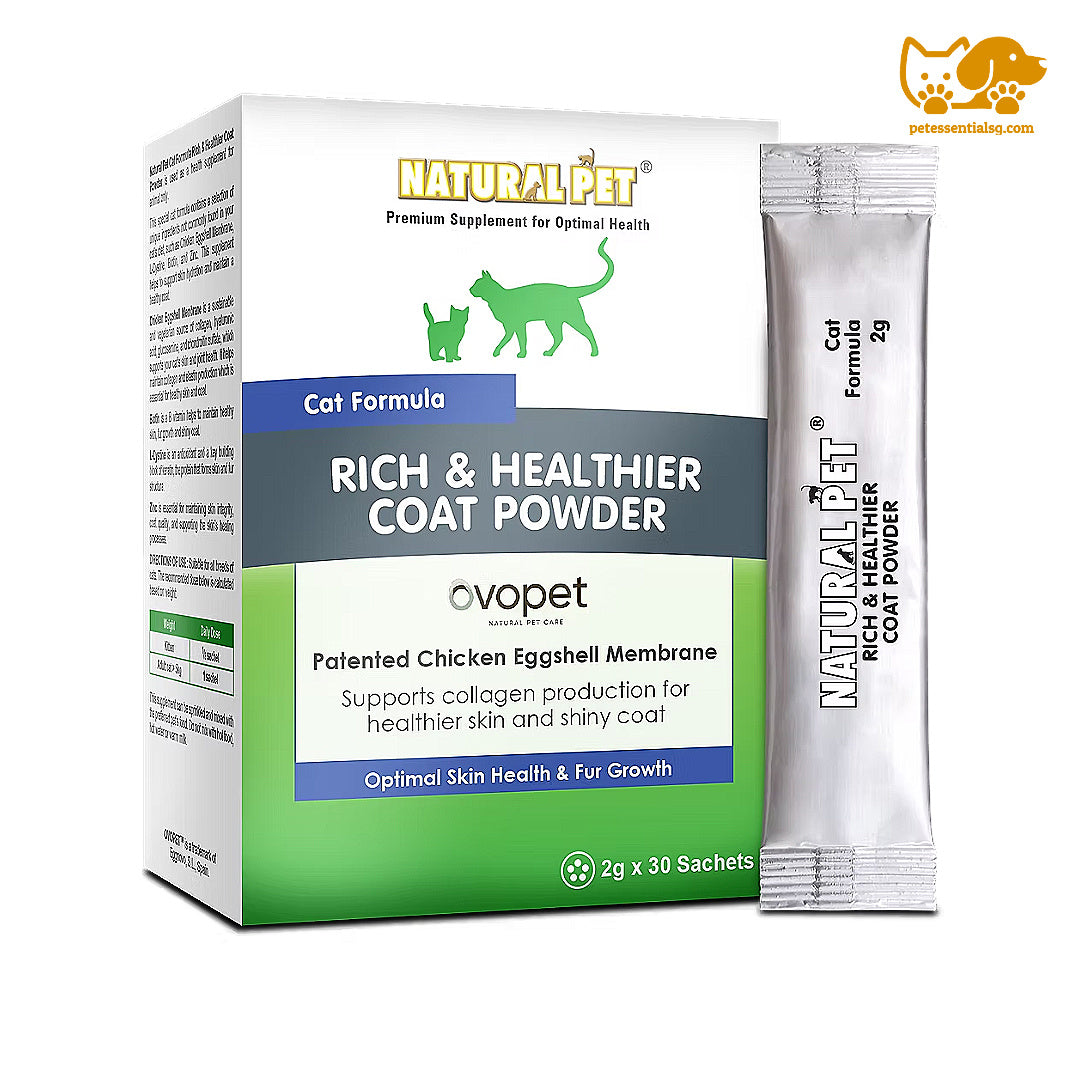 Natural Pet Rich & Healthier Coat Powder for cats, showing the product box and a single sachet packet on a plain white background.