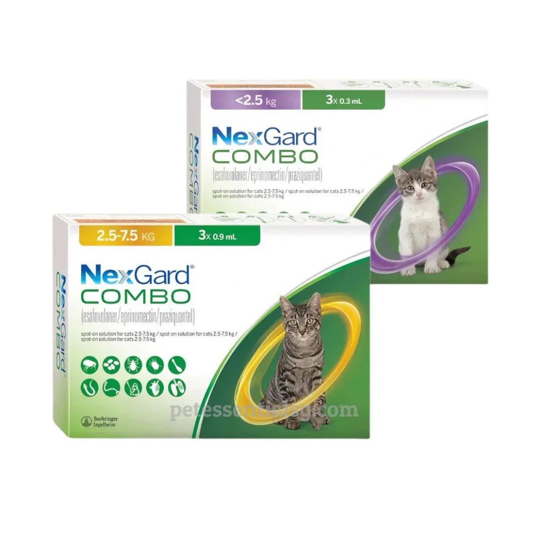 NexGard COMBO for cats 2.5-7.5kg & <2.5kg — spot-on flea, tick, worm treatment with cat imagery