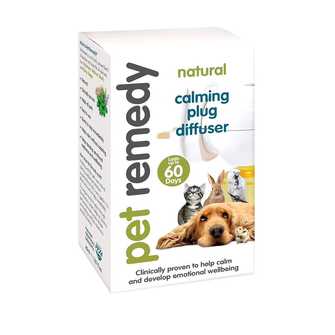 A box of Pet Remedy Natural Calming Plug Diffuser shown on a plain white background. The packaging features images of a dog, cat, rabbit, and guinea pig, and text indicating it helps calm for up to 60 days.