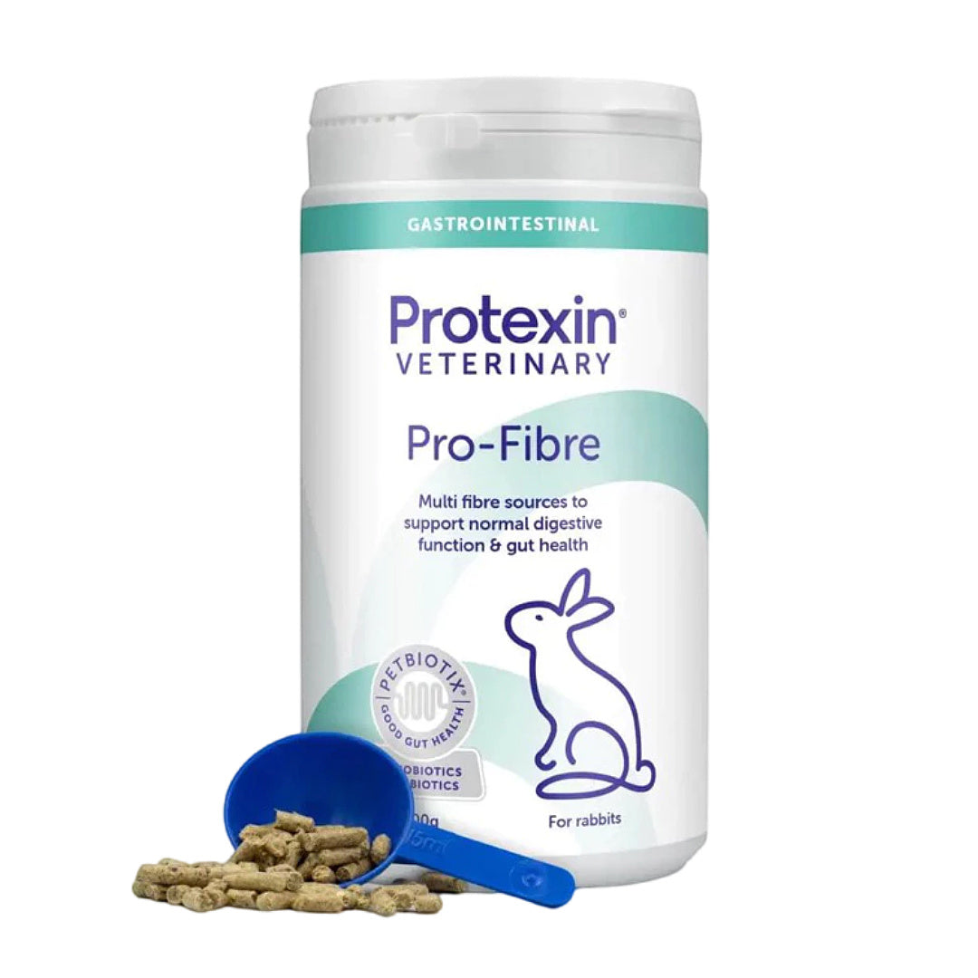 Protexin Pro-Fibre rabbit supplement for digestive health with blue scoop and pellets