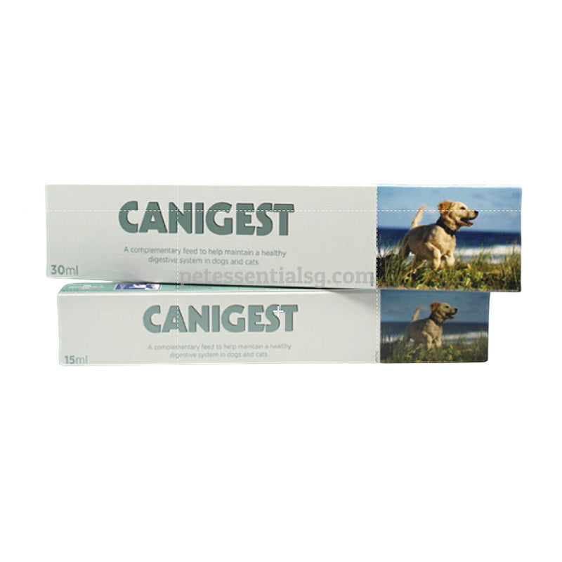Canigest dog and cat digestive health supplement, 15ml and 30ml packs with beach dog imagery