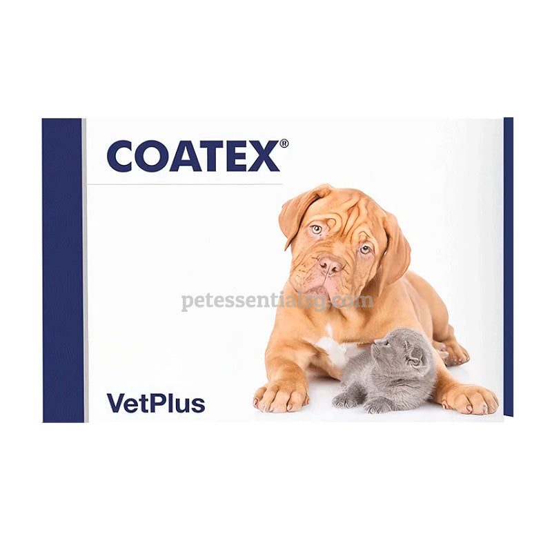 Coatex VetPlus pet supplement for dogs and cats, featuring a puppy and kitten on packaging