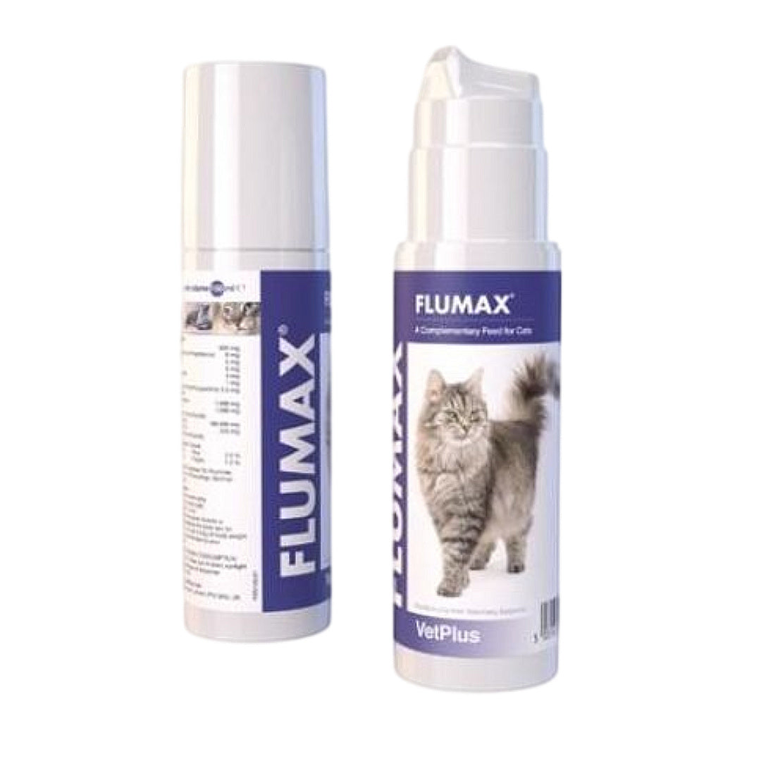 Flumax cat supplement for feline health, VetPlus brand, complementary feed in white bottle with purple label
