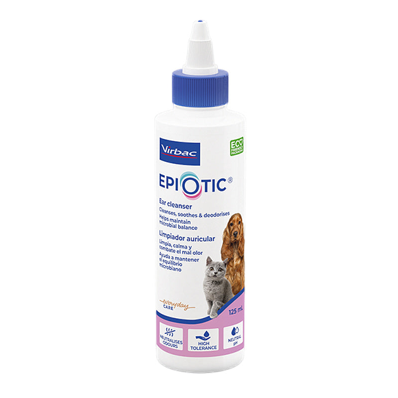 Virbac Epi-Otic ear cleanser for dogs and cats, 125ml bottle with blue cap, soothes and deodorizes pet ears