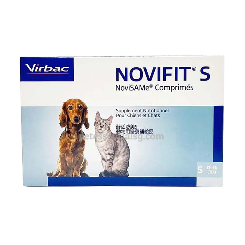 Virbac NoviFit S nutritional supplement for dogs and cats, featuring dog and cat imagery on packaging