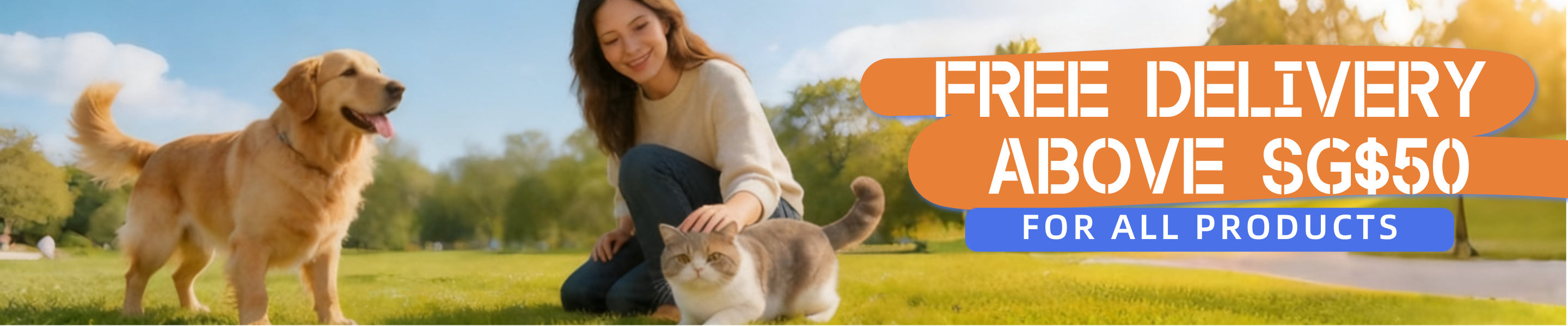 Woman with golden retriever and cat in park, free delivery above SG$50 for all pet products