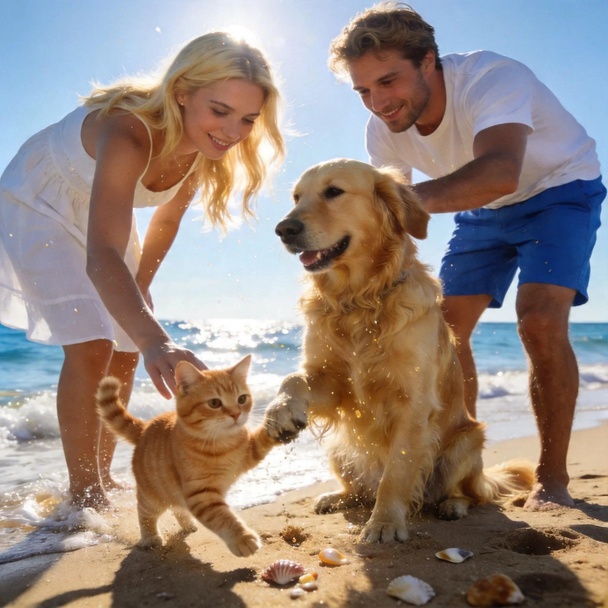 Happy couple with golden retriever dog and ginger cat playing on sunny beach, perfect for pet lovers in Singapore